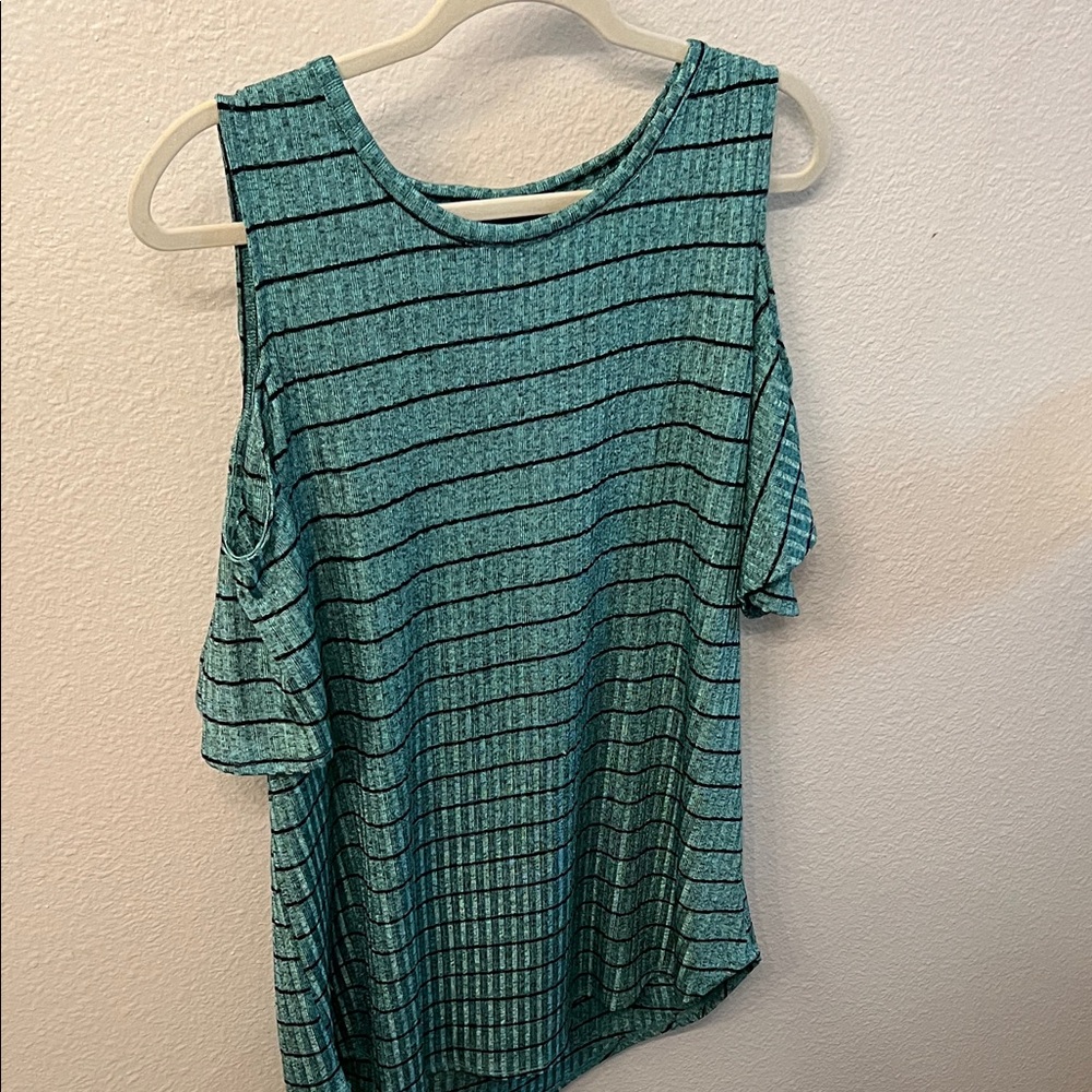 Apt. 9 Teal and Black Striped Cold Shoulder Blouse
